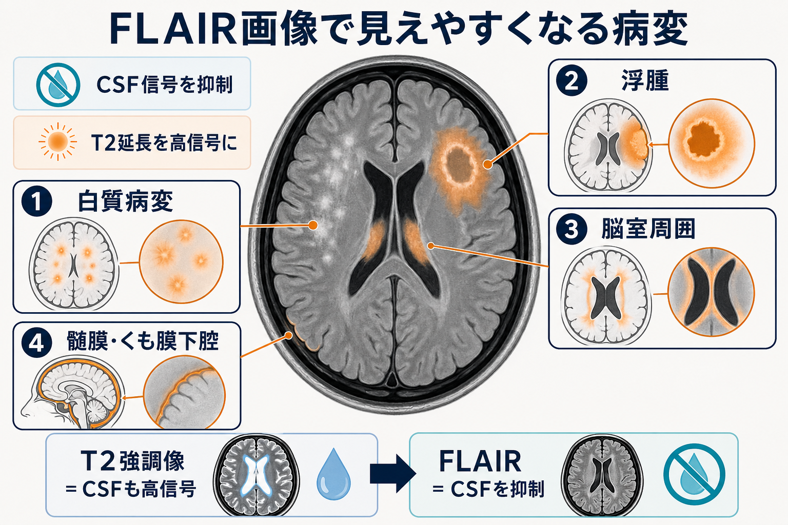 FLAIR画像で見えやすい病変の概念図