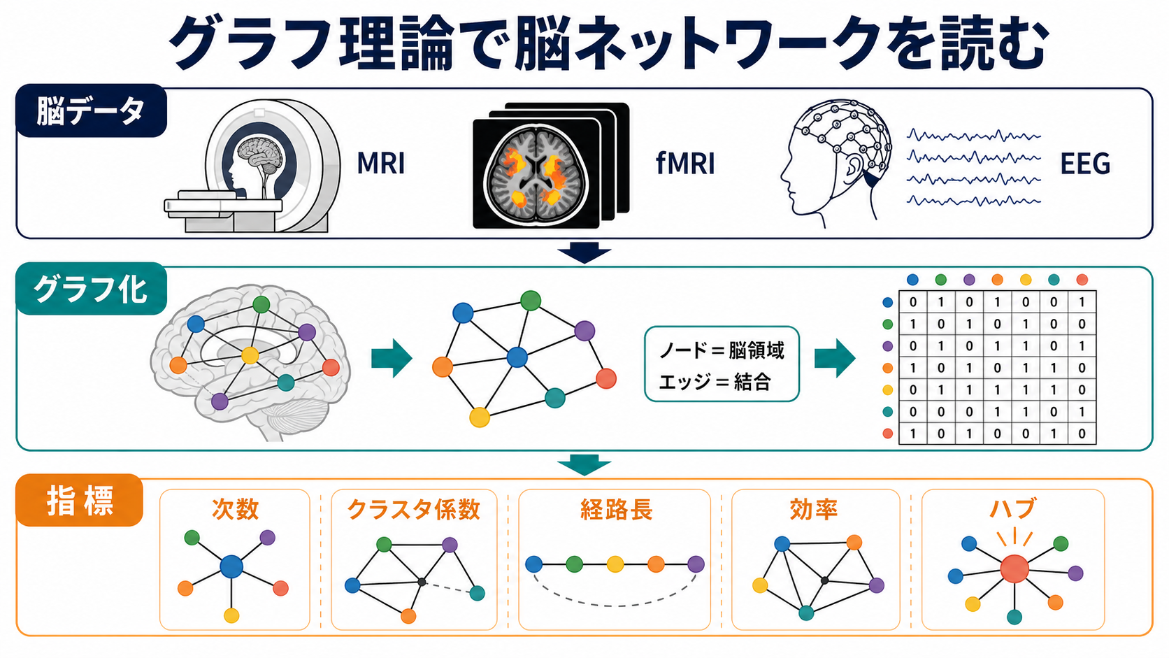 脳データからグラフ指標へ変換する流れ