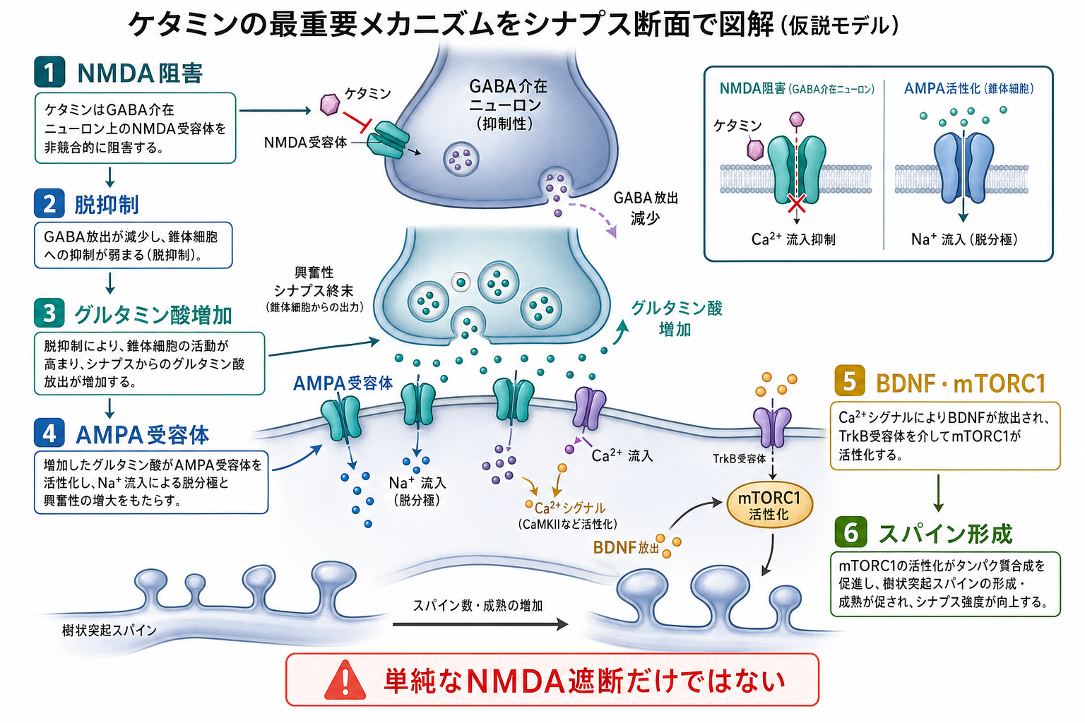 ケタミンのNMDA阻害からAMPA・BDNF・mTORへ至る機序