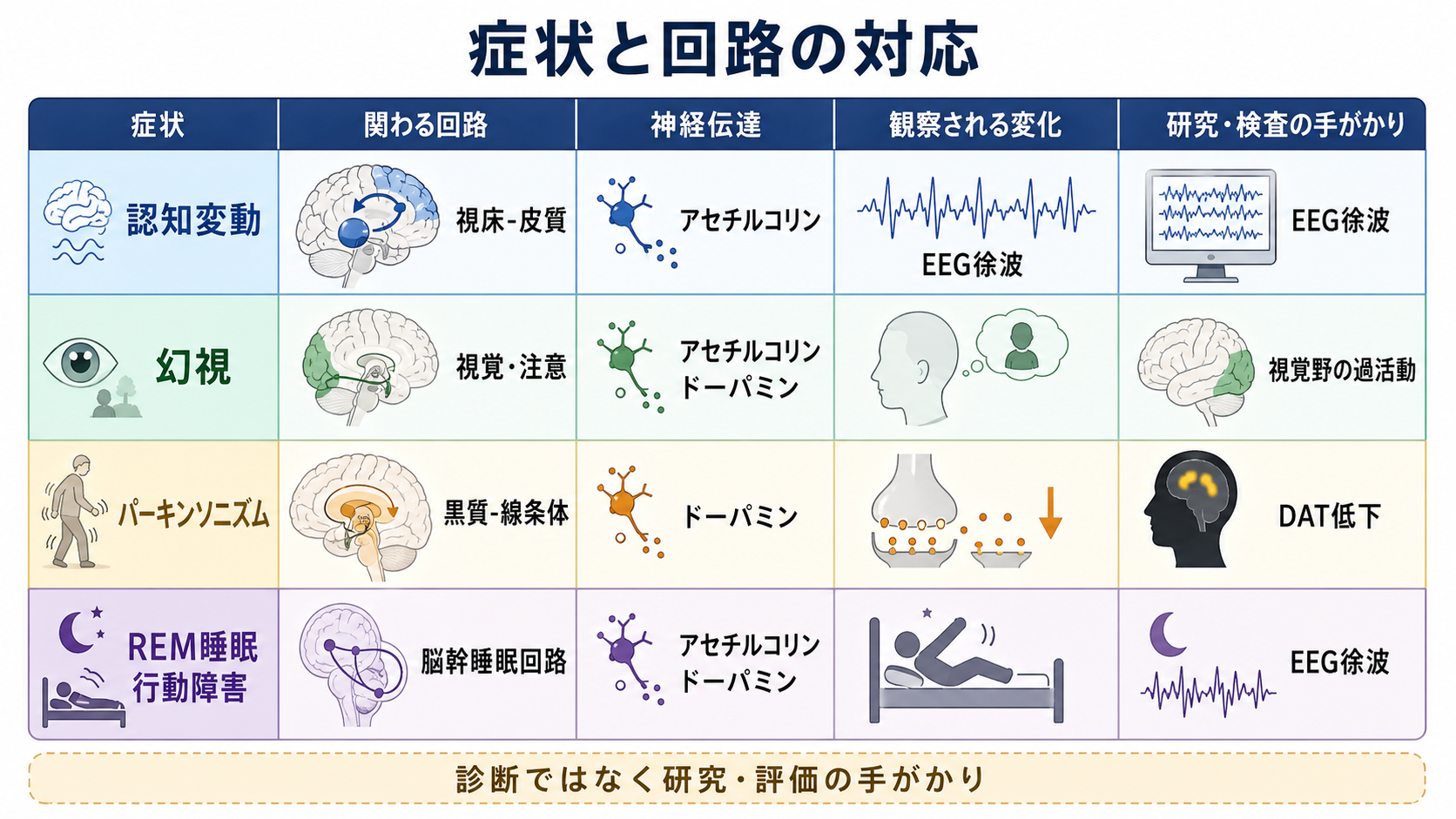 レビー小体型認知症の症状と神経回路の対応