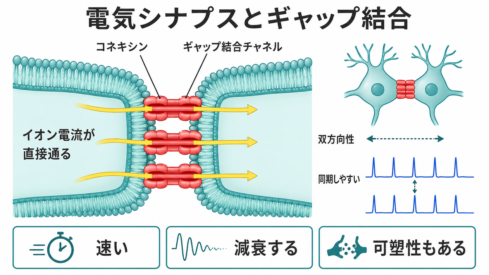 電気シナプスとギャップ結合の図解