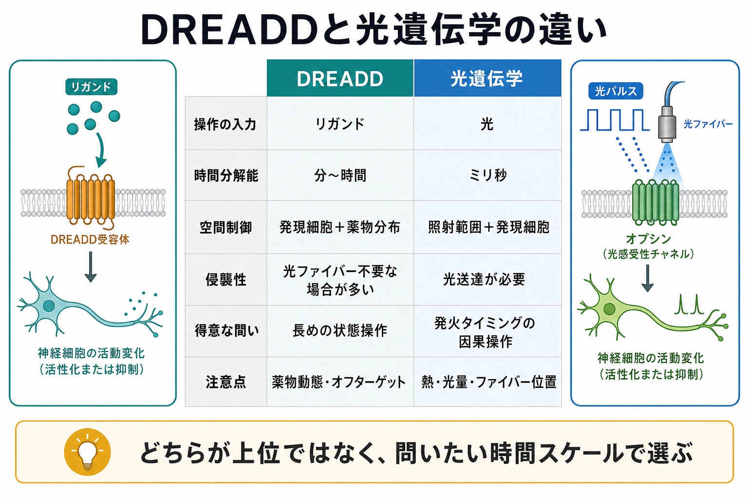 DREADDと光遺伝学の比較