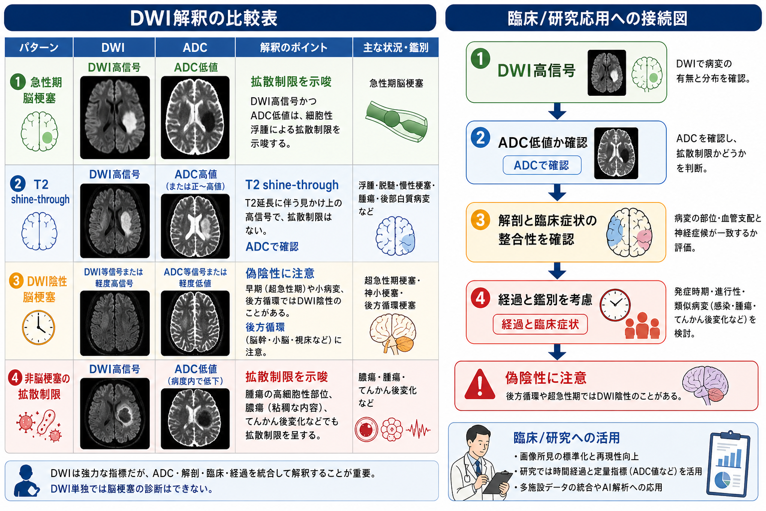 DWI解釈の比較表と臨床研究への接続図