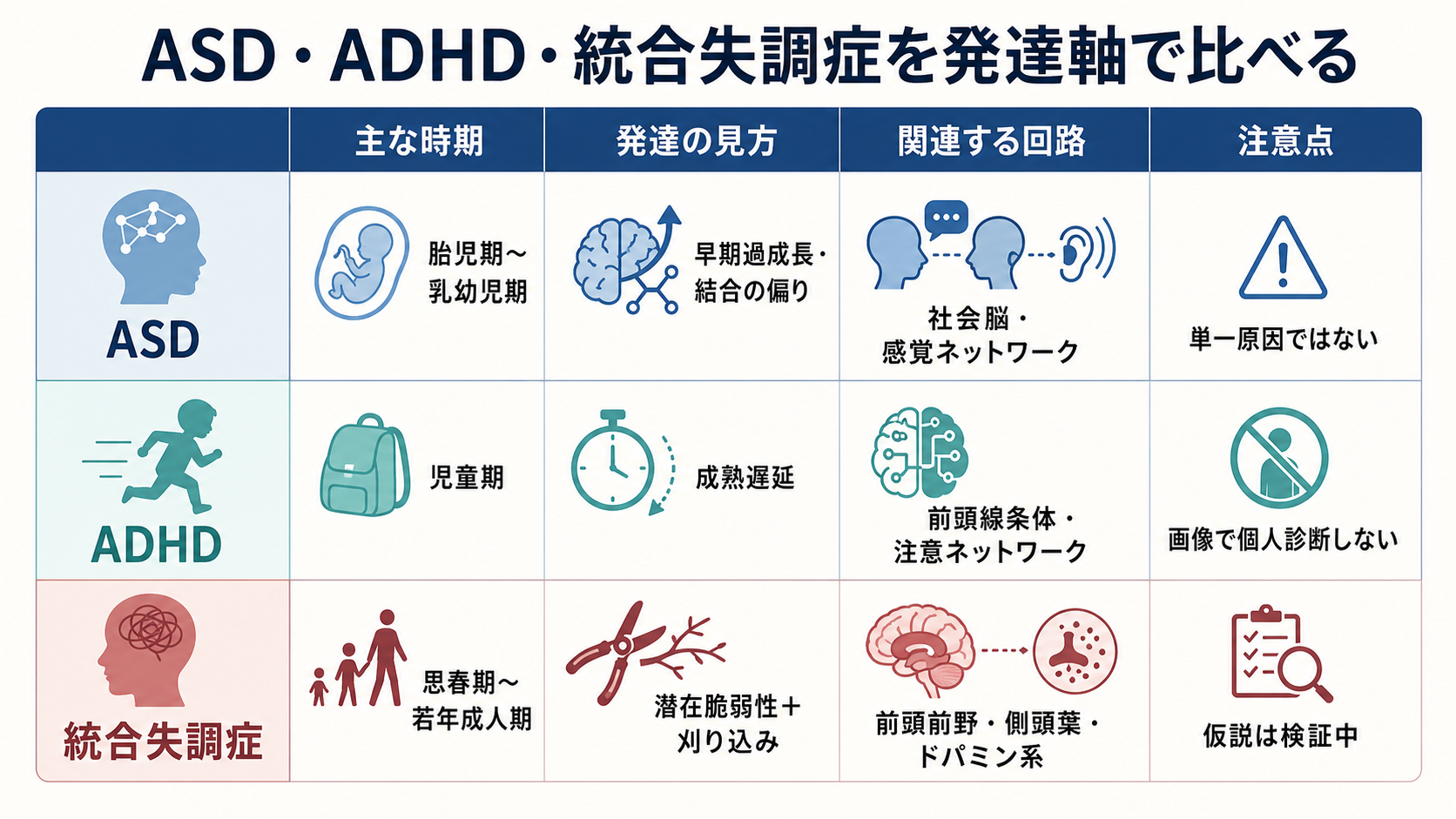 ASD・ADHD・統合失調症の発達軸比較