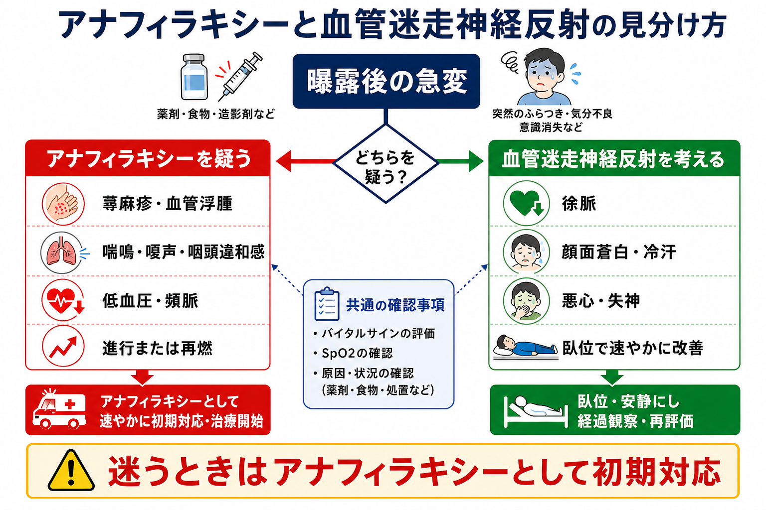 アナフィラキシーと血管迷走神経反射の判断概念図
