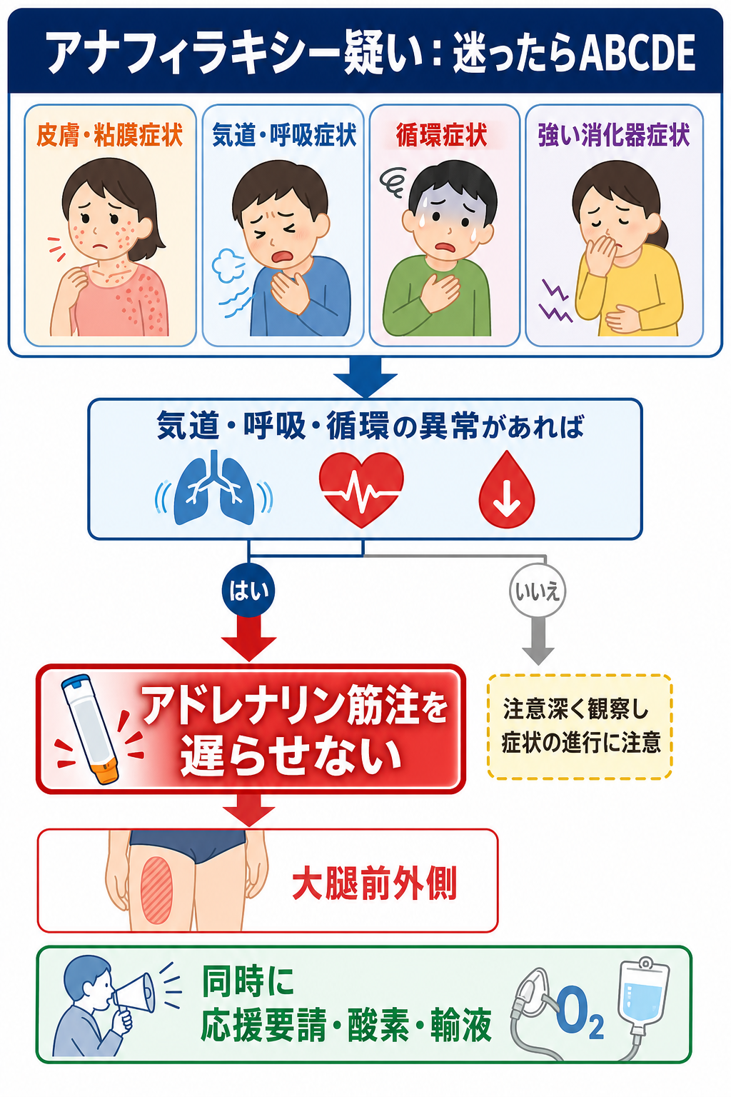 アナフィラキシーでアドレナリン筋注を遅らせない判断フロー