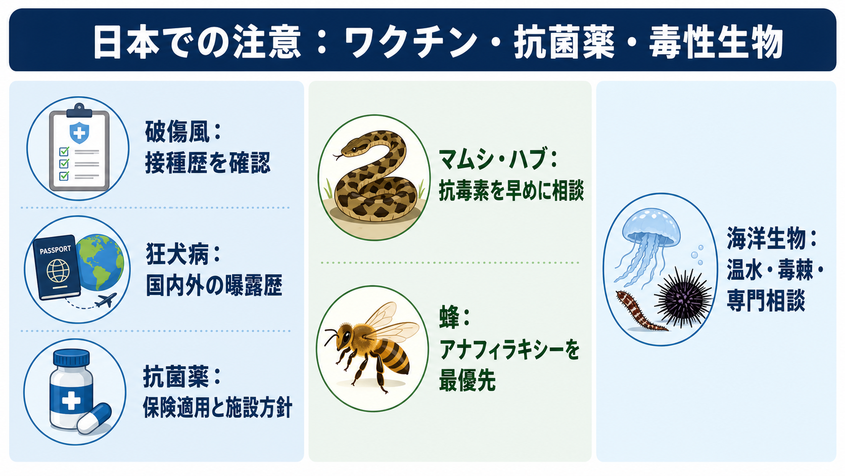 日本での注意：ワクチン・抗菌薬・毒性生物