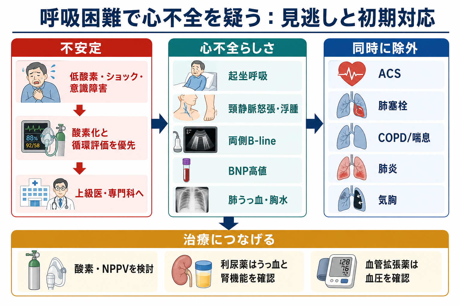 心不全疑い呼吸困難の見逃しと初期対応