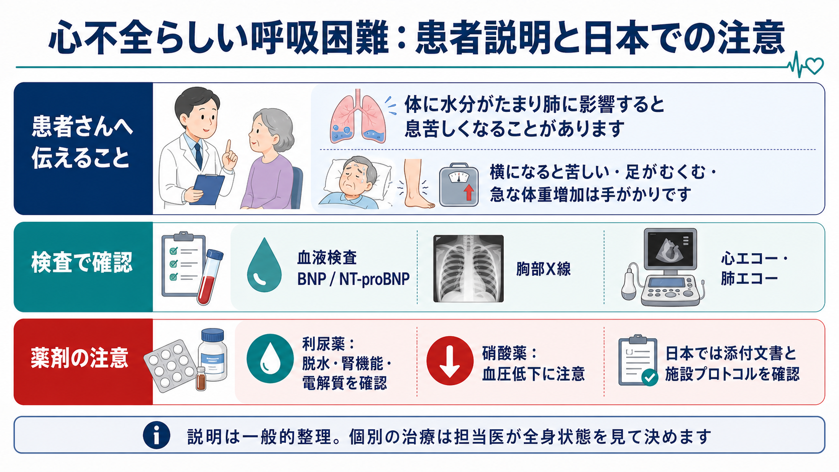 心不全らしい呼吸困難の患者説明と日本での注意