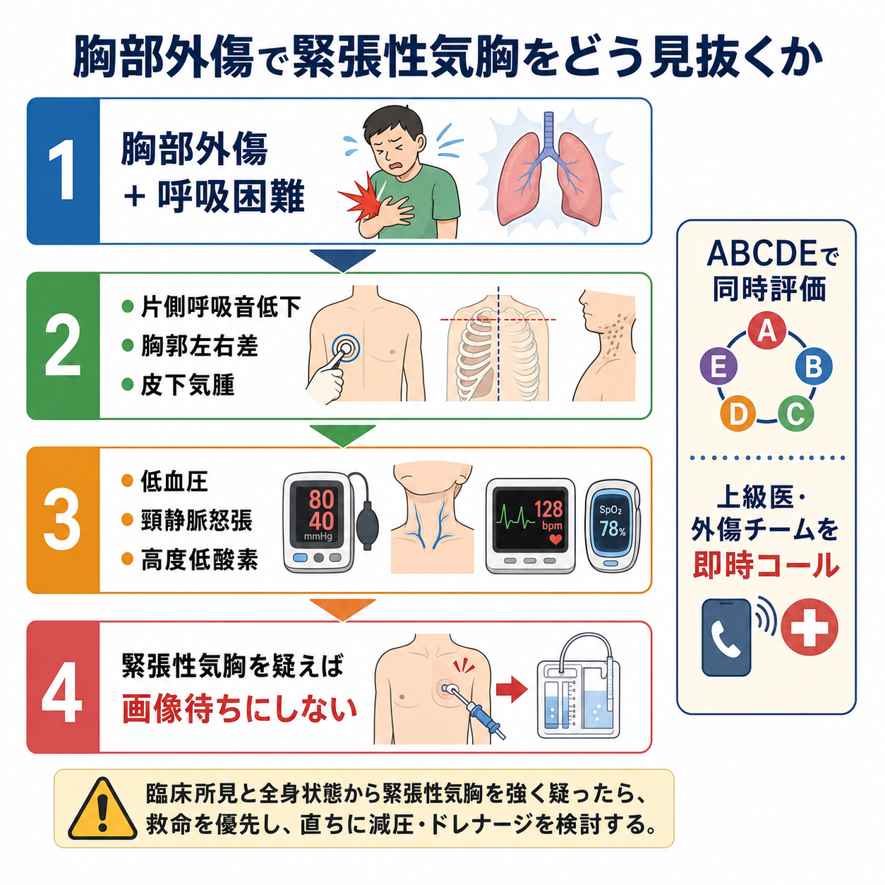 胸部外傷で緊張性気胸を見抜く判断フロー