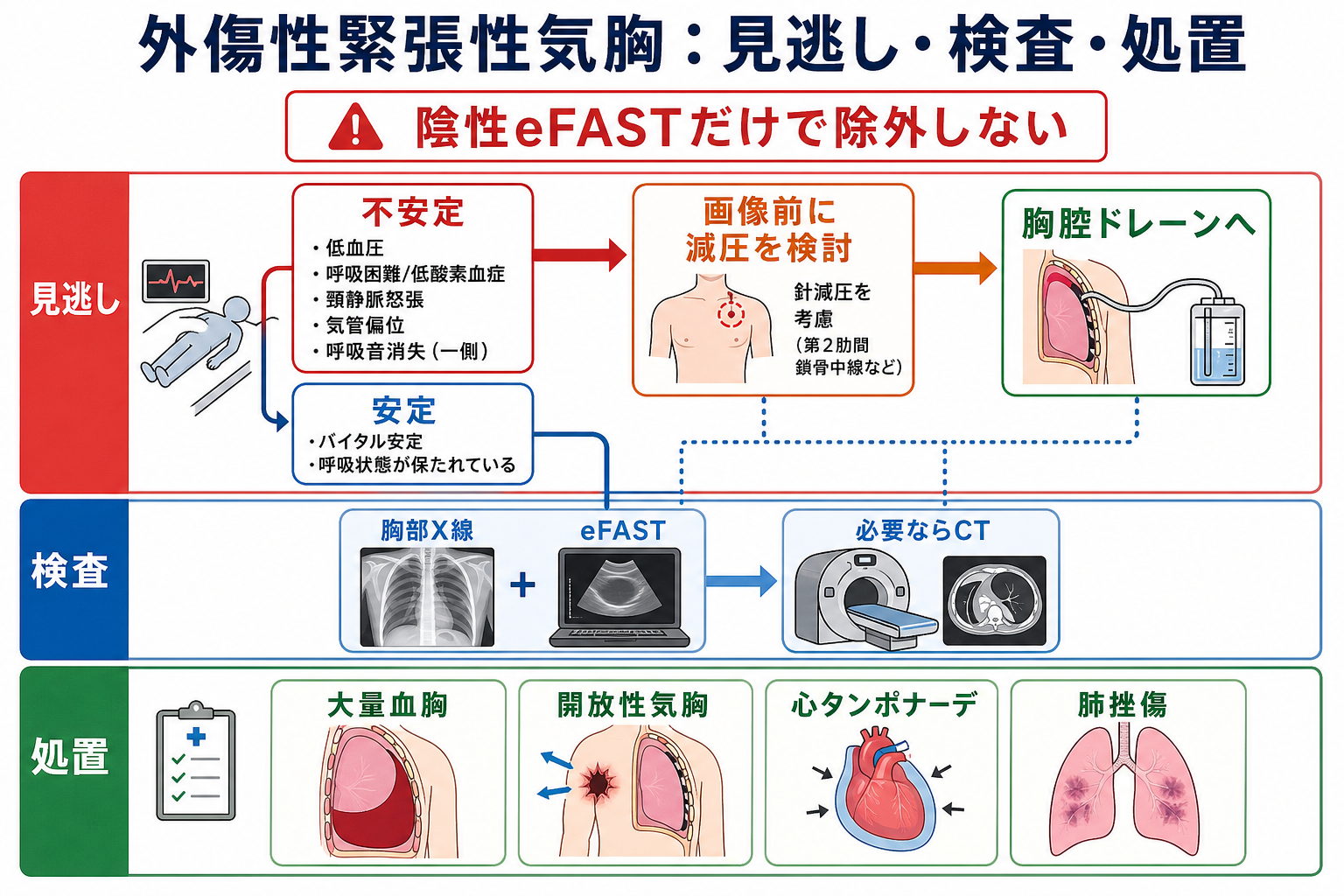 外傷性緊張性気胸の見逃し・検査・処置アルゴリズム